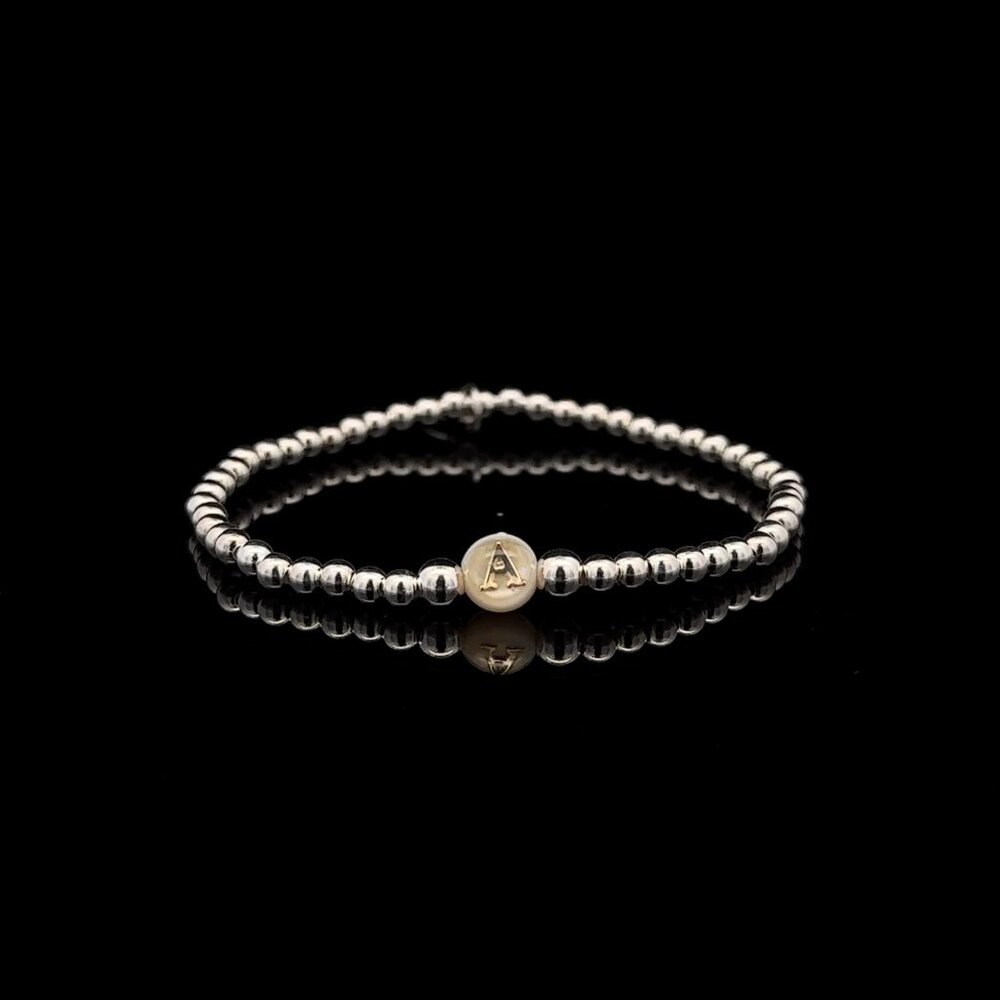 925 Sterling Silver Beaded Stretch Stacking Bracelet MOP Letter Initial A